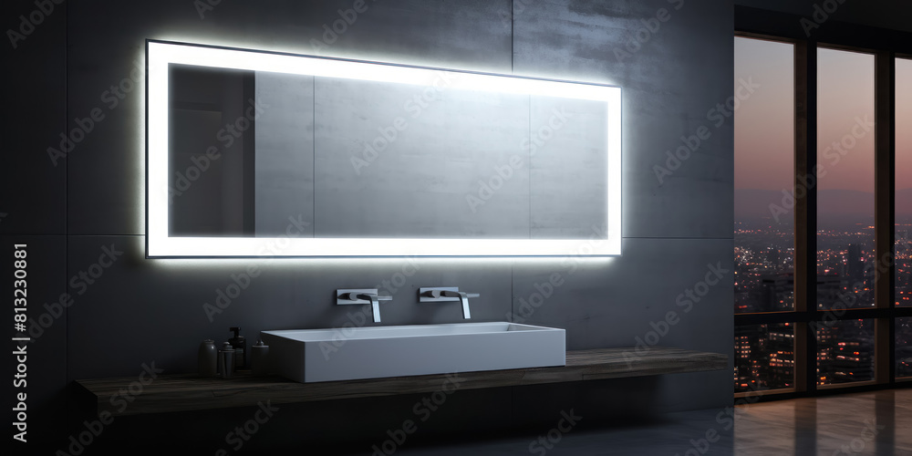 modern minimalist bathroom with illuminated mirror and cityscape view modern minimalist bathroom with illuminated mirror and cityscape view