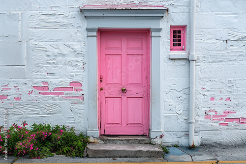 The picturesque and charming island. Beautiful pink wooden door with flowers on the white wall 