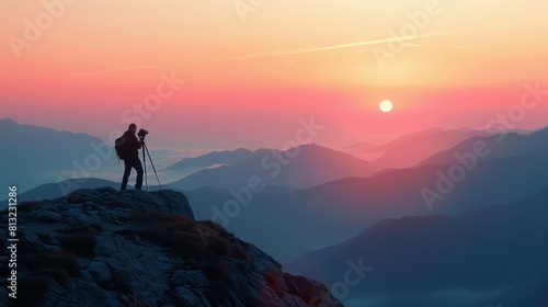 A photographer captures the serene beauty of a sunrise over the mountains using highresolution digital equipment  isolated on white