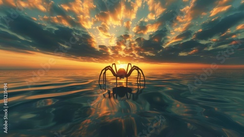 spider silhouette on irregular clouds and sea breeze with light reflecting waves vibrant sky 3d render photo