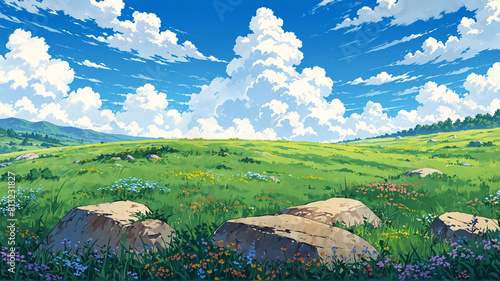 Green hill field mountain landscape with cloudy bright blue sky illustration.