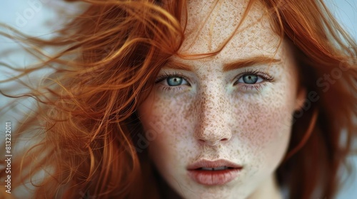 stunning portrait of freckled redhead woman intense gaze and windblown hair photo