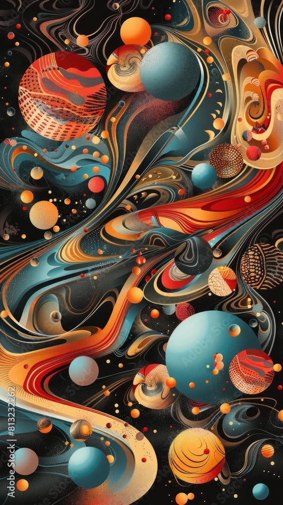 A vibrant abstract painting featuring swirling patterns and depictions of planets in a double border composition, background A vibrant abstract painting featuring swirling patterns and depictions of planets in a double border composition, background