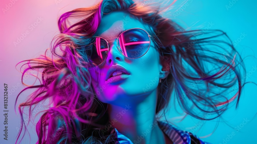 surreal fashion concept stunning tousled hair girl with neon glow lighting and glasses portrait surreal fashion concept stunning tousled hair girl with neon glow lighting and glasses portrait