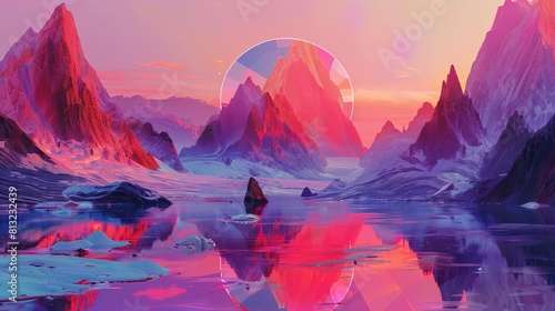 surreal aigenerated landscape with floating geometric shapes and neon colors digital painting photo