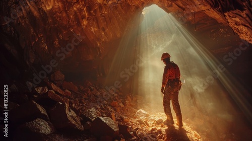 A man is swimming in a dark cave with sunlight shining on him