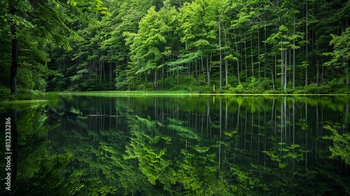 tranquil forest lake surrounded by lush green trees and reflective water landscape photography
