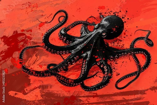 abstract illustration of black octopus on vivid red background surreal graphic design photo