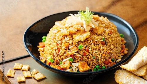Picture of a plate of fried rice topped with chopped fish and some vegetables.