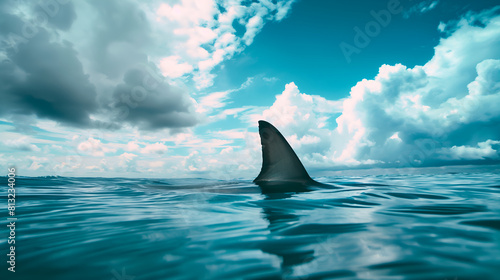 shark fin on surface of ocean agains blue cloudy sky