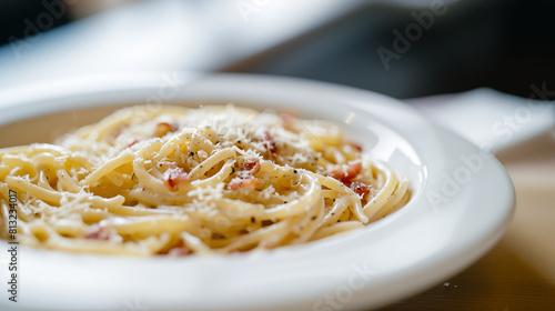 A close-up image of a classic Italian pasta carbonara, served in a deep, elegant white dish. Focus on the glossy texture of the sauce and the sprinkling of freshly grated Parmesan cheese on top.