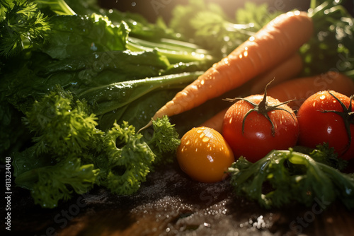 A detailed macro shot of fresh dew-covered organic vegetables (carrots, kale, and tomatoes) in a rustic setting.
