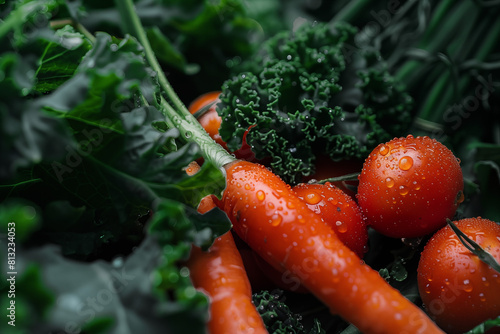 A detailed macro shot of fresh dew-covered organic vegetables (carrots, kale, and tomatoes) in a rustic setting.