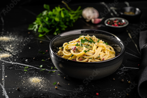 Horizontal photography of a chef made spaguetti pasta carbonara in a sleek, black ceramic bowl, set against a black marble table background, with some spices and garlic. 