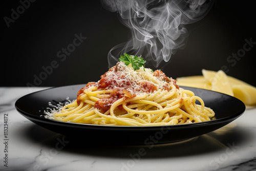 A front view shot of chef made pasta spaghetti in a sleek, black ceramic plate, placed on a black marble table.