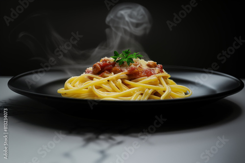 A front view shot of chef made pasta spaghetti in a sleek, black ceramic plate, placed on a black marble table.