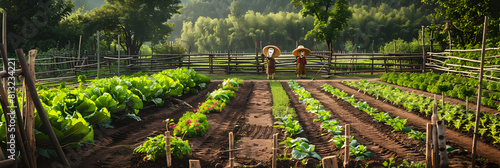Abundant Vegetable Garden with Scarecrows and Wooden Trellises Bordering a Lush Forest