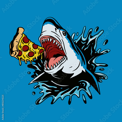 Shark Eating Pizza Vector Illustration