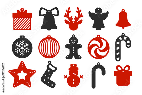 Set of 15 Christmas designs for earrings, pendant or keychain. New Year jewelry silhouette laser cut templates. Cnc cutting with metal, wood or leather. Vector stencils