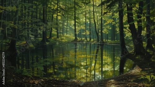 A painting of a forest with a lake in the middle