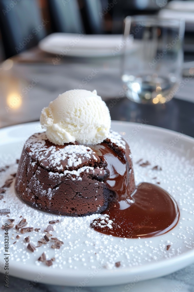 Sophisticated chocolate lava cake with vanilla ice cream on minimalist background Sophisticated chocolate lava cake with vanilla ice cream on minimalist background