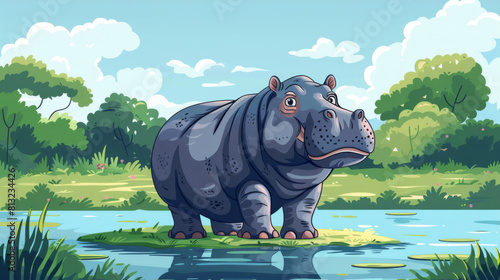 Illustration of a cartoon hippopotamus standing beside a tranquil river in a vibrant, lush landscape.