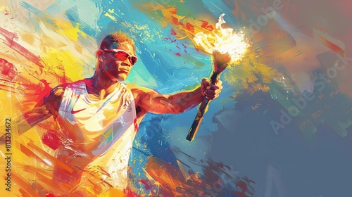 triumphant olympic champion holding glowing torch vibrant digital painting photo