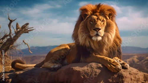 A majestic male lion with a flowing mane rests in the tall grass of the African savanna