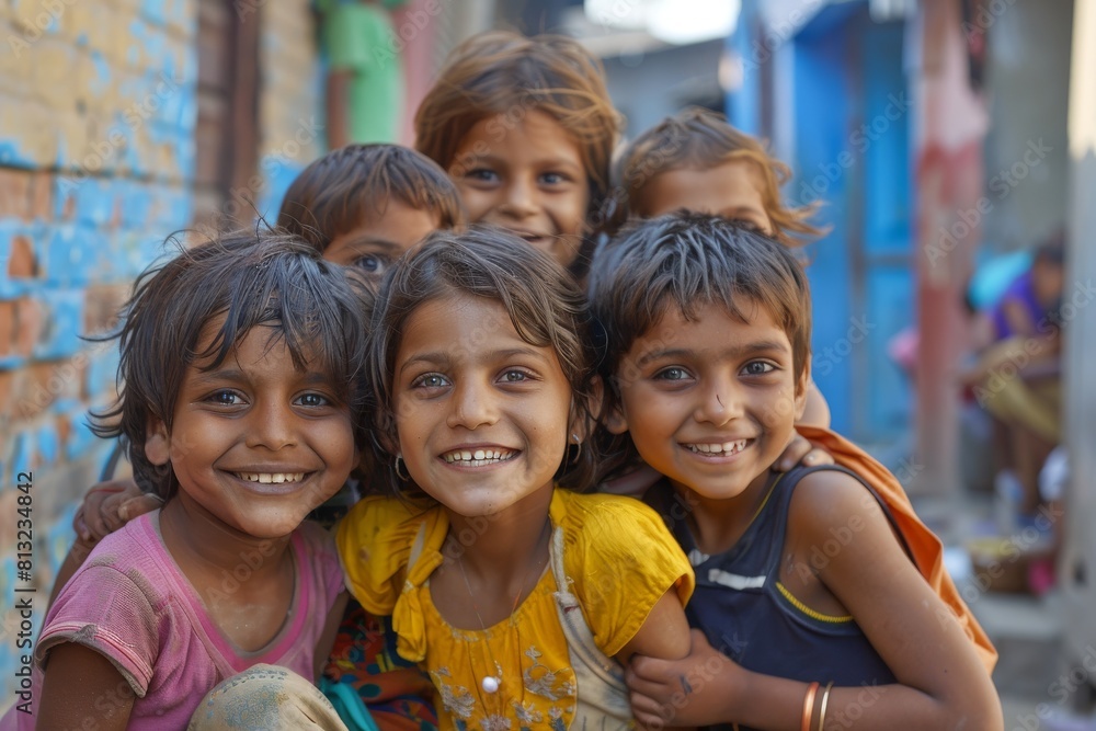 Group of asian children smiling and looking at the camera in India. Group of asian children smiling and looking at the camera in India.