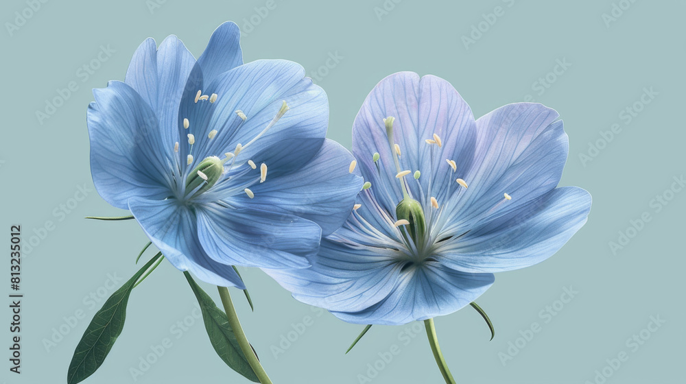 Two beautiful blue flowers with intricate petals and stamens isolated on a soft blue background. Two beautiful blue flowers with intricate petals and stamens isolated on a soft blue background.