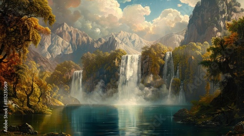 A painting of a mountain with a waterfall