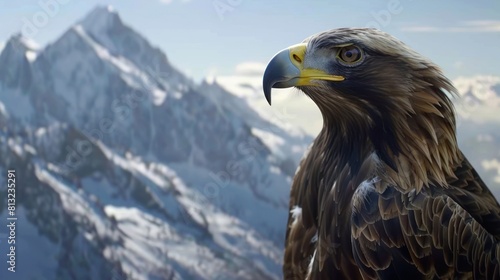 Close-up of an eagle against the backdrop of snow-covered mountains in winter. generative AI image