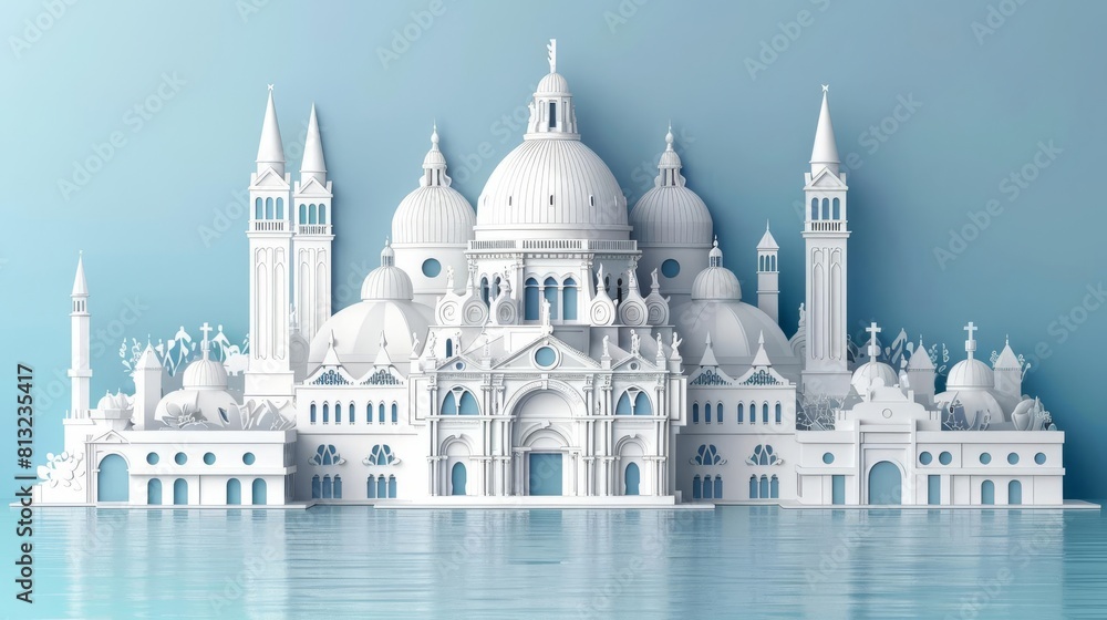 Obraz premium An illustration of a beautiful white European city with many domes and intricate details. The city is surrounded by a blue sea.