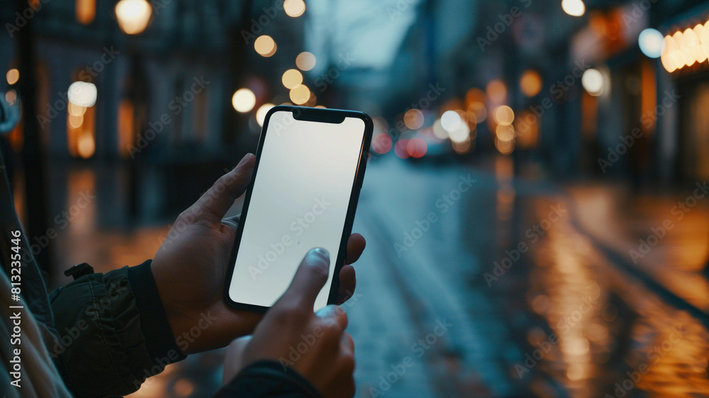 holding a smartphone, with a blank screen ready for customization or displaying an app interface. holding a smartphone, with a blank screen ready for customization or displaying an app interface.
