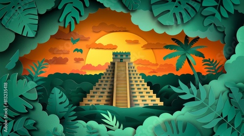 Fototapeta Naklejka Na Ścianę i Meble -  A paper-cut illustration of a Mayan pyramid in the jungle