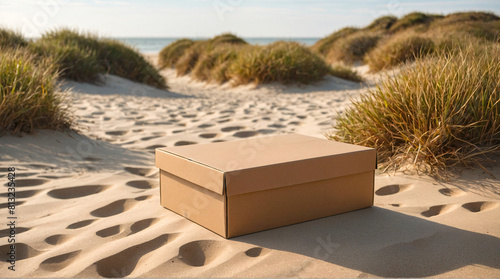 Brown cardboard box on the beach with sand dunes in the background