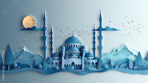 A beautiful blue and white illustration of a mosque with intricate details. The mosque is set against a backdrop of rolling hills and a crescent moon. photo