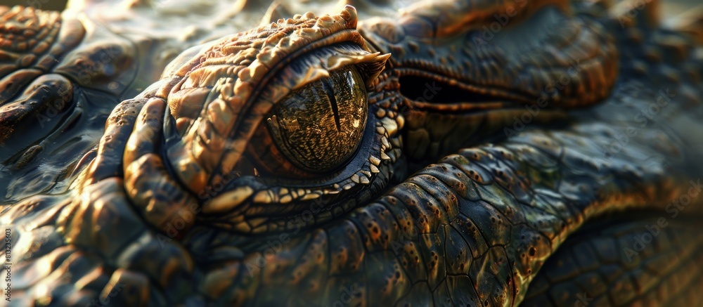 Close-up of a crocodile's eyes and golden shiny textured skin. generative AI image