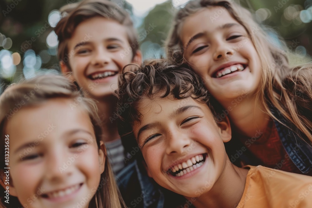Portrait of a group of smiling children looking at camera in the park Portrait of a group of smiling children looking at camera in the park