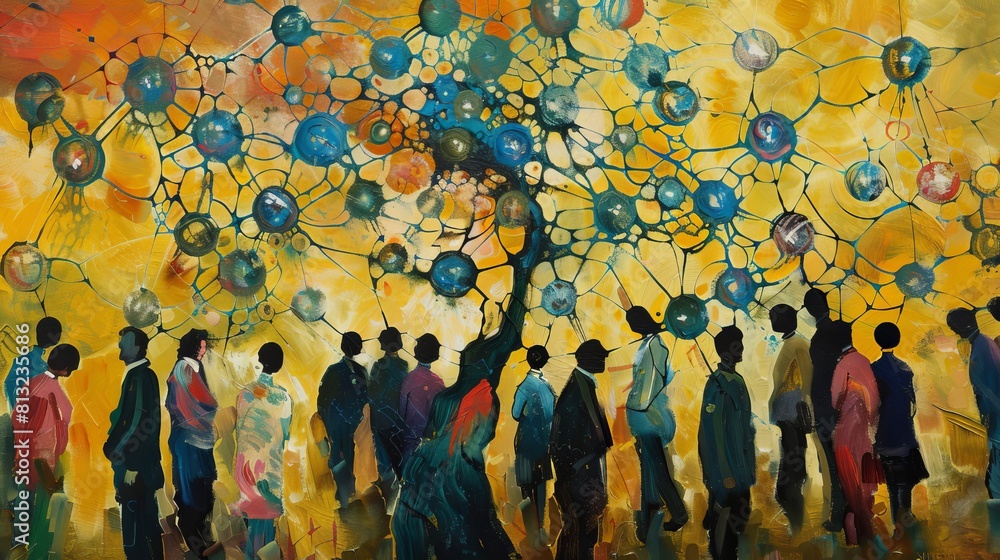 Naklejka premium A painting of a tree with many people around it