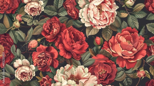 vintage floral seamless pattern with embroidered peonies and roses on fabric digital illustration