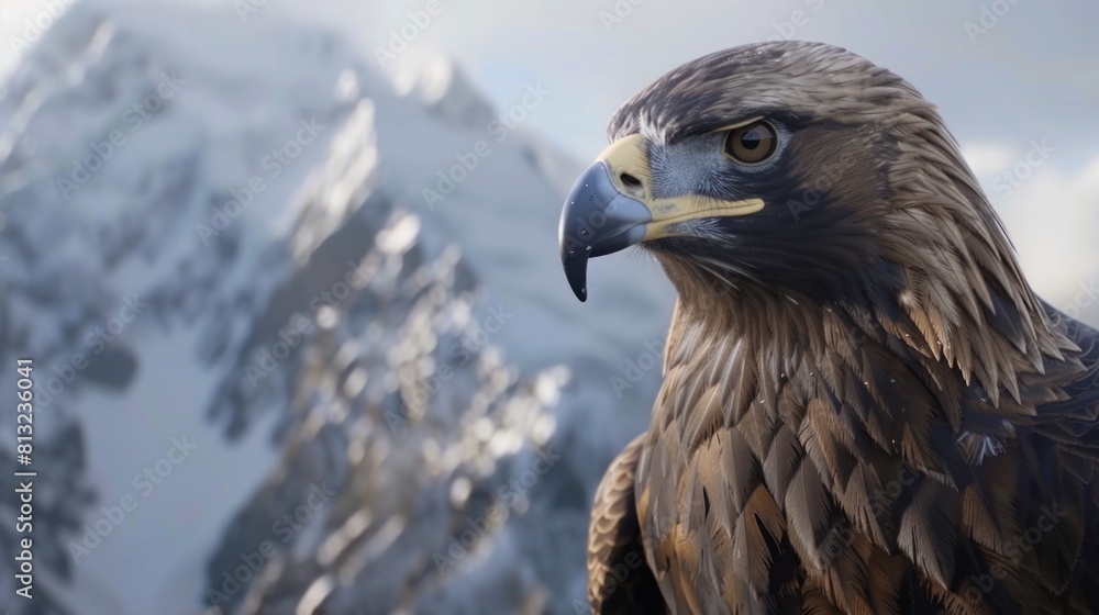Close-up of an eagle against the backdrop of snow-covered mountains in winter. generative AI image Close-up of an eagle against the backdrop of snow-covered mountains in winter. generative AI image