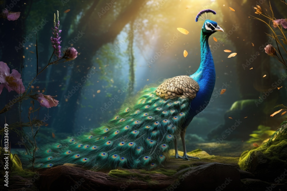 Fototapeta premium Vibrant peacock, a stunning display of nature's beauty, showcasing the colorful plumage and elegant presence of this majestic, a symbol of grace and elegance.