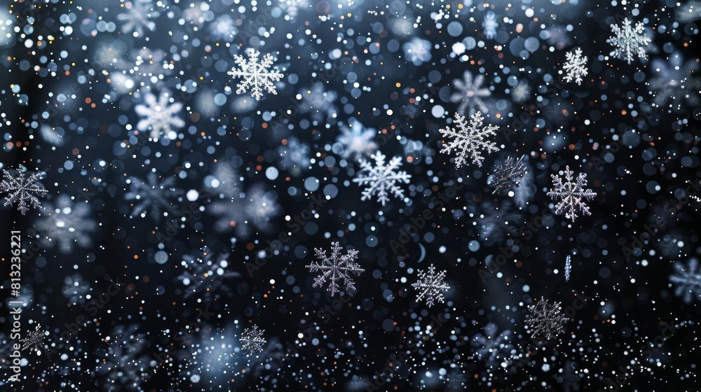 Fototapeta premium whimsical winter snowfall pattern on black background frosty holiday decoration overlay abstract textured wallpaper design