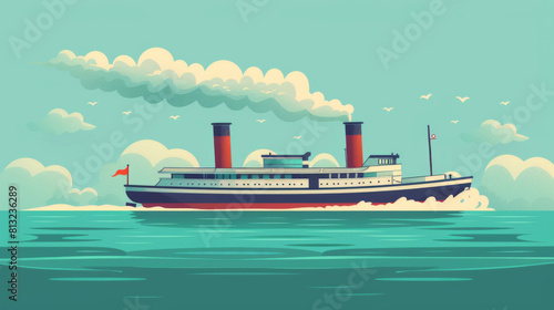 Vintage ocean liner illustrated cruising on calm blue waters under a cloudy sky. photo