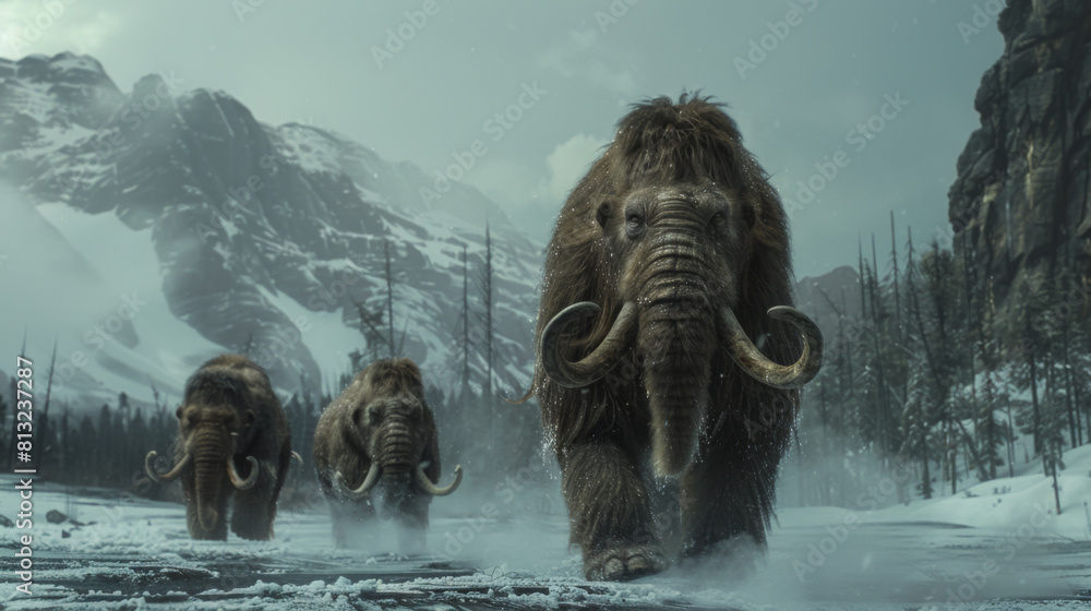 Digital artwork depicting a herd of woolly mammoths walking in a snowy ...