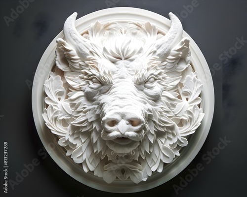 Flour Sculpture Intricate White Elliptical Flour Animal Head in Japanese Bento Container photo