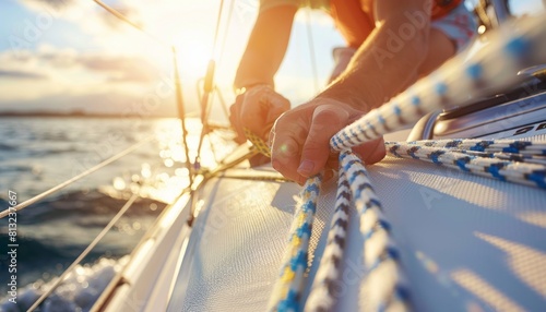 Fototapeta Naklejka Na Ścianę i Meble -  Sailor s hands maneuvering ropes on sail  precision in summer olympic games sport