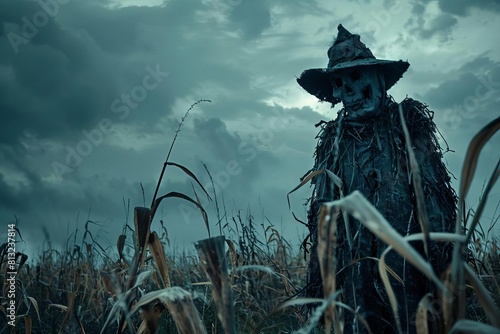 eerie monster scarecrow in abandoned field haunting and unsettling atmosphere dark fantasy horror concept spooky autumn landscape creepy rural setting photo