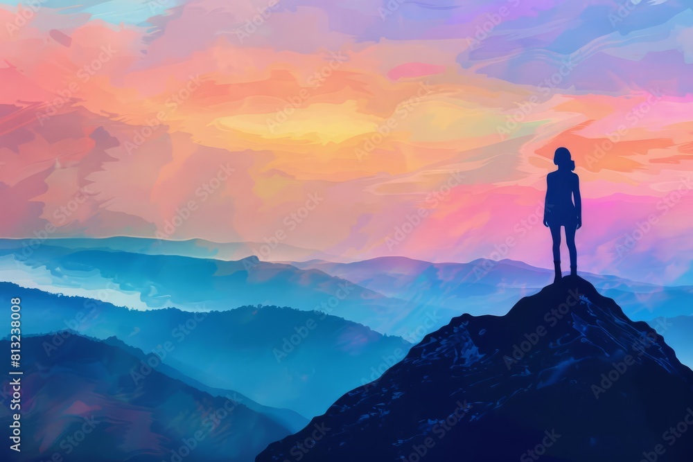 empowered silhouette of a confident woman on a mountain at pastel sunset digital art empowered silhouette of a confident woman on a mountain at pastel sunset digital art